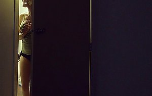 Busty inked teen sneaking into the room to fuck a big cock