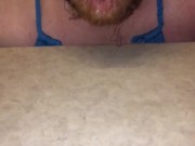 Secretly wearing my wifes Bikini turned me on so I jerked off a big Cum Shot and licked it all up