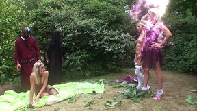 A sexy blonde with big boobs, wearing lingerie and fishnets gets it on with a man in a...