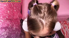 Petite teen nailed by stepdad after giving POV blowjob