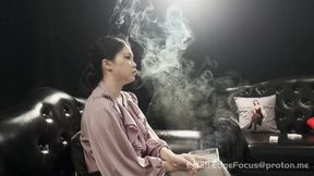 Sensual Asian Woman Smoking Cigarettes and Exhaling Heavy Smoke Plumes in Intimate Setting4K