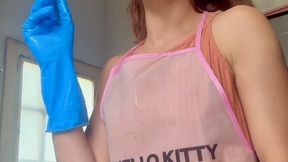 Latex Gloved Housewife Smokes & Washes Dishes â€“ Blue Rubber Gloves Fetish