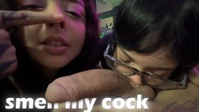 My stepsister and my sister-in-law sniff and hit my cock