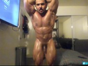 Oiled up straight bodybuilder shows off muscles and huge ass