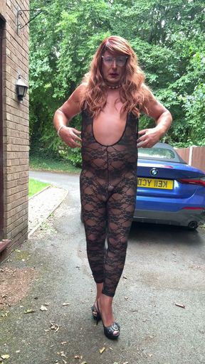 Sexy Crossdresser kellycd2022 in black lace catsuit and heels   Clip 1
