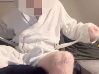 Post baths jerking of my large weenie whilst wearing a robe. Hung and very slutty with spunk flow on leg