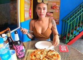 Pizza for homemade Asian European couple and sexy love for dessert