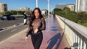 Shameless babe with see-through shirt stains it with a cum of two strangers