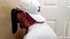 ”Heavy dude shows his prick sucking technique in glory hole room”