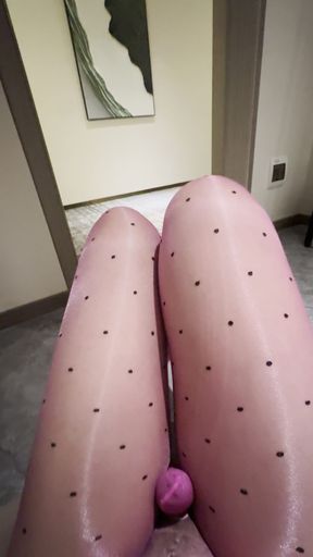 Self play in dots pantyhose at hotel