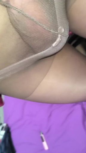 Huge Sissy ***'s Hard Cock Explodes Through Friend's Mom's Shiny Sexy Gray Pantyhose!