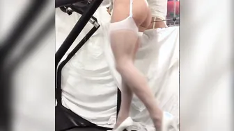 Twink Crossdresser in White Stockings Walking on Treadmill
