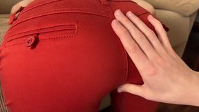 Fucking slutty babe through pants, cum on sexy ass