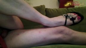 Tranny in red dress and red feet nails cuddle her feet