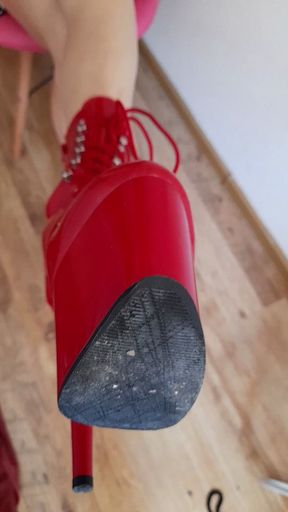 Lady Angela red pleaser boots beige nylon socks mistress foot fetish red boots naked feet nylon socks