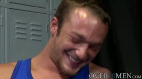 Three hot studs wrestle each others hard big cocks