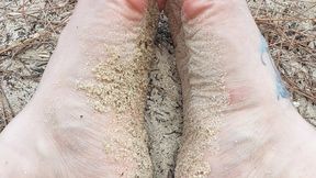 0054 Strolling in the Deep: Fishnet Feet Fondle the Foam of Bahamian Blue Waters - Watch my Wet Barefoot Walk on White Sands! WMV Version