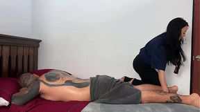 Sexy masseuse gives happy ending then rides big cock in doggy style