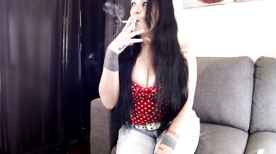 Jeans tight lady smoking with big tits