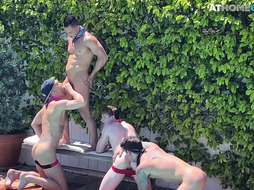 Home studs enjoy bareback outdoor orgy on swimming pool