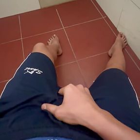 Teen 18 + virgin. Jerk my cock in public bathroom and cum over my underwear