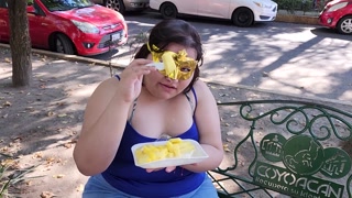 I suck my man's ass, cock and balls, extract a lot of cum and eat it with pineapple in public