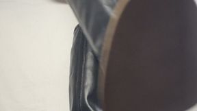 A Bootjob in black Leather Boots - Tramplegirl in black Nylons and well worn patent leather boots is giving a shoejob and crushes the cum out with her heels - cock trampling, CBT, Shoejob and Boot domination - 4k - sidecam only