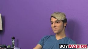 Blonde skinny twink Rany strokes long dick and stuffs dildo