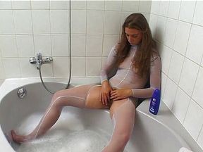 Brunette in pantyhose masturbating
