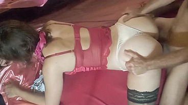 1301 - (RUSHES 01/03) - Yellow Satin Dress, Black Spandex, Corset, Satin Panties, Tanga, White MILF, Doggystyle, POV, Deepthroat, Ass to Mouth