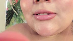 BBW Mistress puts on a giant dildo and masturbates him in front of the camera.