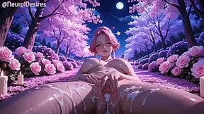 Pink-haired beauty bounces knockers in cherry blossom silk