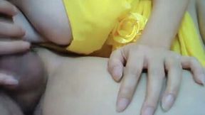 Rich breasted lady in yellow dress was blowing my buddy's stiff dick
