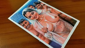 Erotic Art Or Drawing Of Sexy Indian Woman getting wet with Four Men