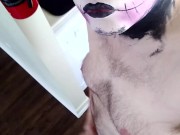 goth boy masturbating his uncut cock in the kitchen