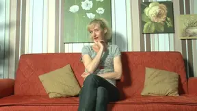 Mature Blonde Granny Dildo Fucks Her Hairy Pussy on the Couch