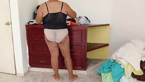 Chubby Mom Tidying Up Room and Folding Laundry 1
