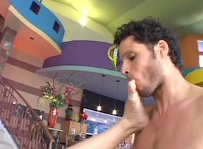 Good looking chick with black hair sucks thick penis