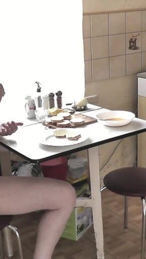 Epic moment from &quot;Old adult mature blonde woman MILF teaches beautiful cute sexy brunette naked Girl to cook in kitchen.&quot;
