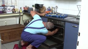 Slutty German wife rides repairman in the kitchen