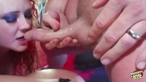 Girl gets horny and uses a dildo and joins a stage threesome