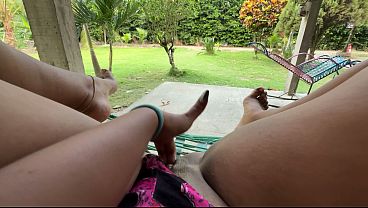 Young Latina peasant girl gets off in front of her workers.