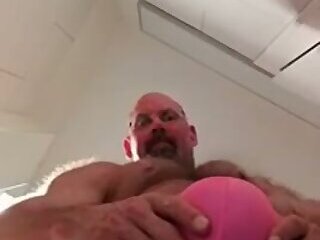 Older Muscle Man Feeling On Himself Flexing and Posing In Skimpy Pink Underwear