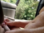 Naked hairy ginger playing with dick while a guy watches and a guy passes on a motorcycle