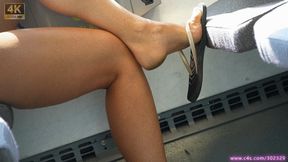 Dirty arched feet and flip flops dangling, amazing bare heels foot fetish