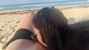 milf sucks cock and swallows cum on the beach pov