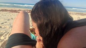 milf sucks cock and swallows cum on the beach pov