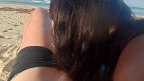 milf sucks cock and swallows cum on the beach pov