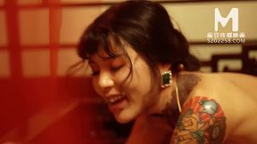 Asian model in black hair roleplay massage parlor