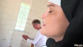 Senior man pleasures young nun, triggering intense moans and climax&#x1F680;
